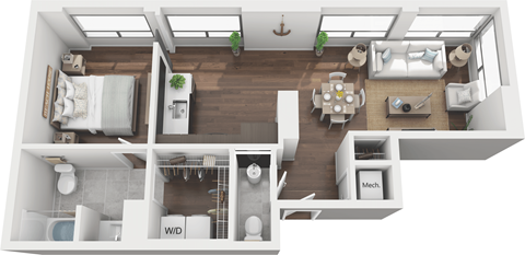 Floor plan for 1 bed, 1.5 baths, 747 sqft